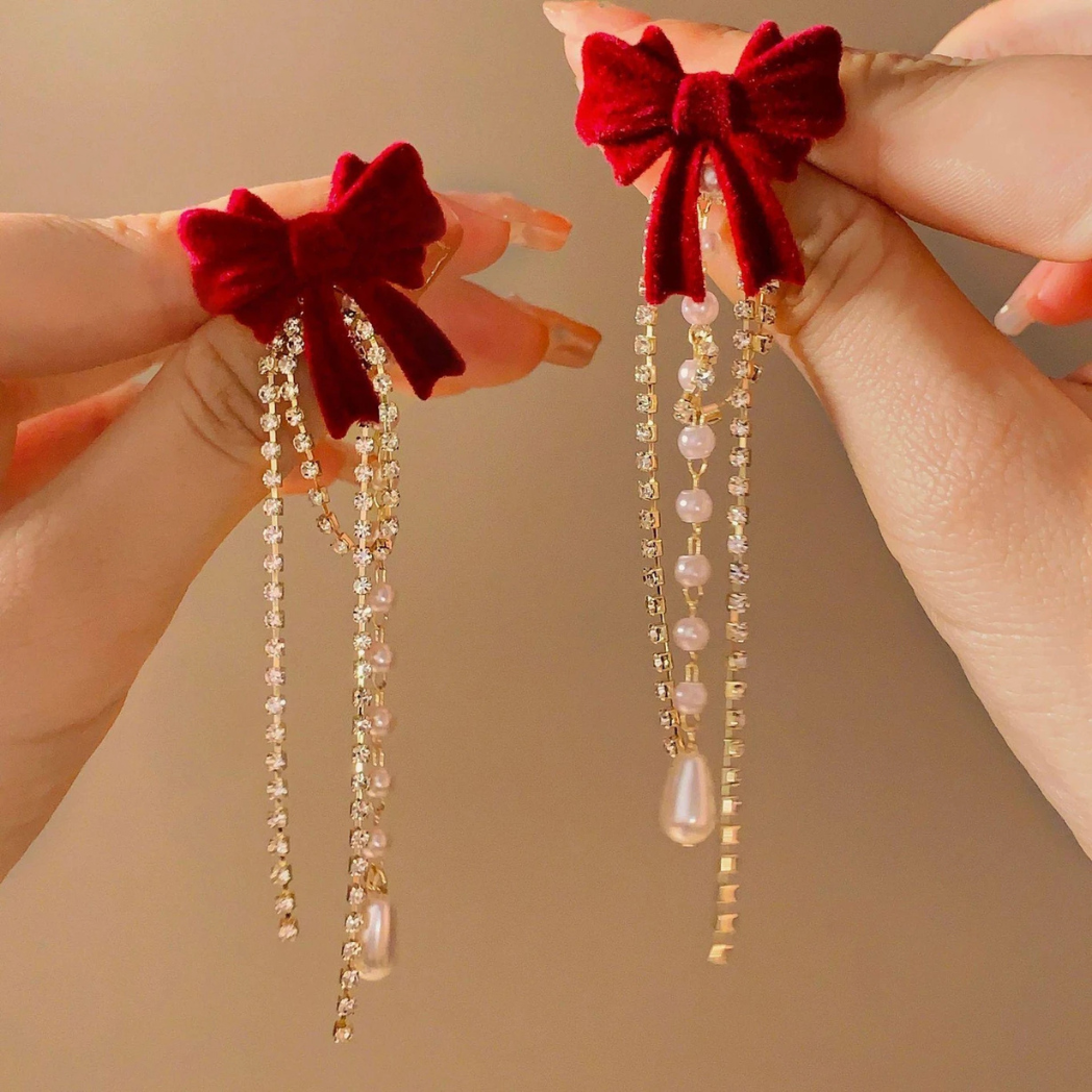 Luxury Red Bow Pearl Tassel Earrings
