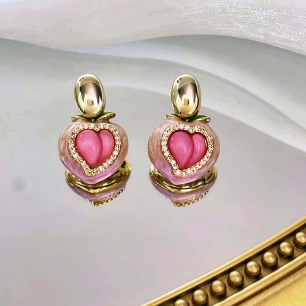 Golden Pink Heart Peach Stud Earrings