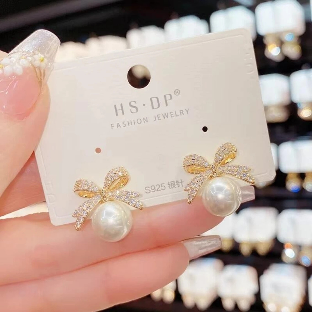 Pearl Bow Crystal Stud Earrings